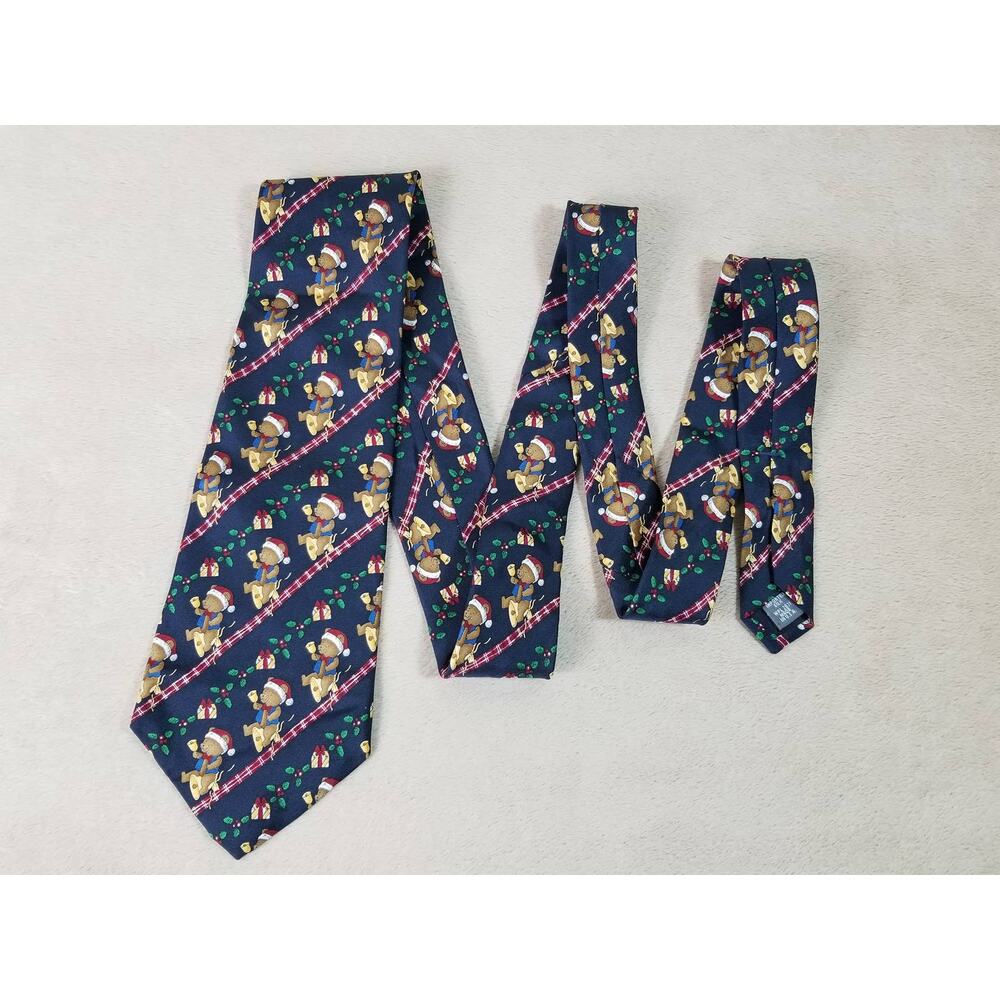 American Traditions Tie Christmas Teddy Bear Black Silk USA 80s Holiday Vintage